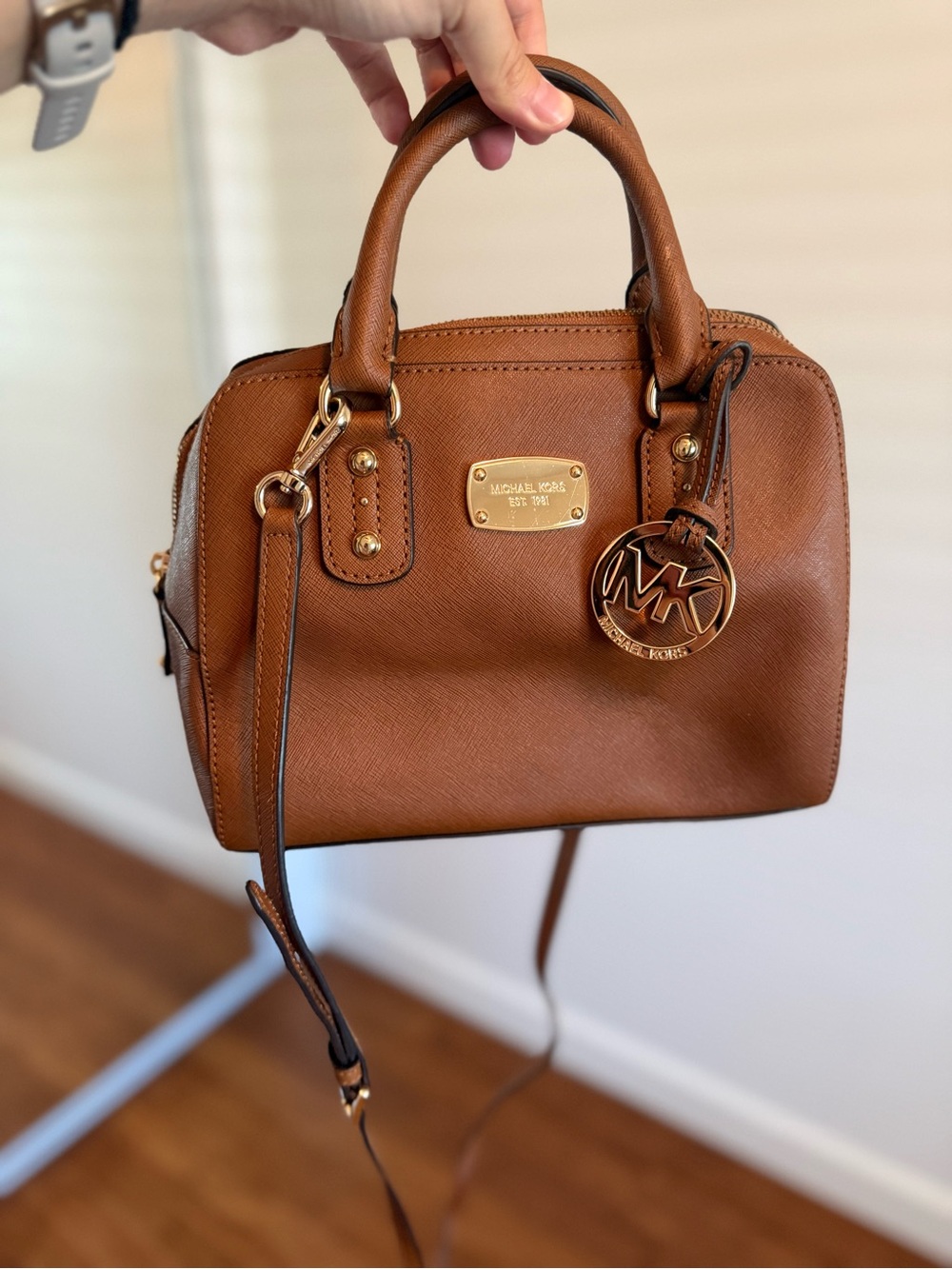 Michael Kors Mini Saffiano Satchel in Cognac Brown with Gold Hardware